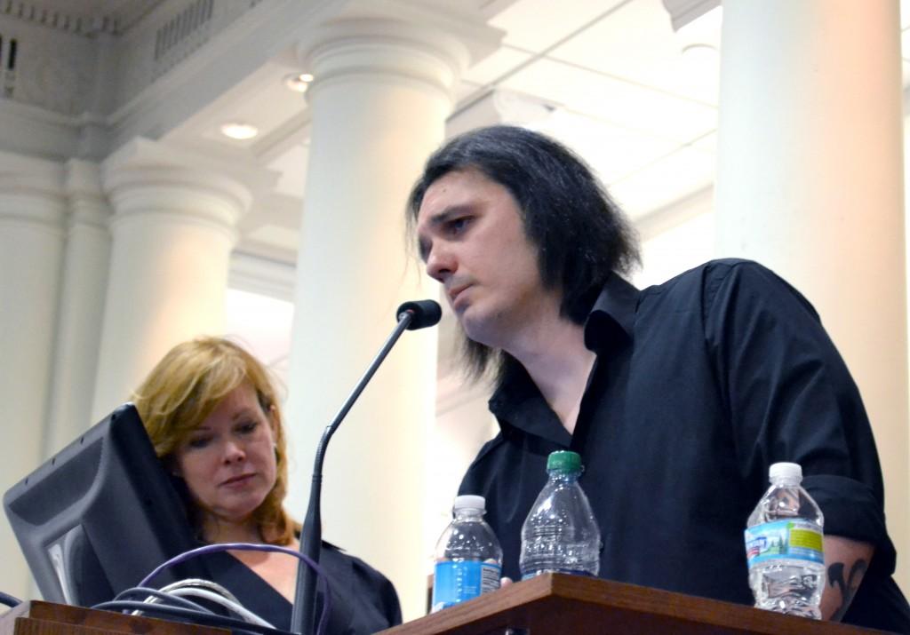 Damien Echols of the West Memphis Three and his wife Lorris Davis talk to students on Tuesday about his release from prison after being on death row for 18 years. Echols was convicted of murdering three children in 1993 and sentenced to death three times.