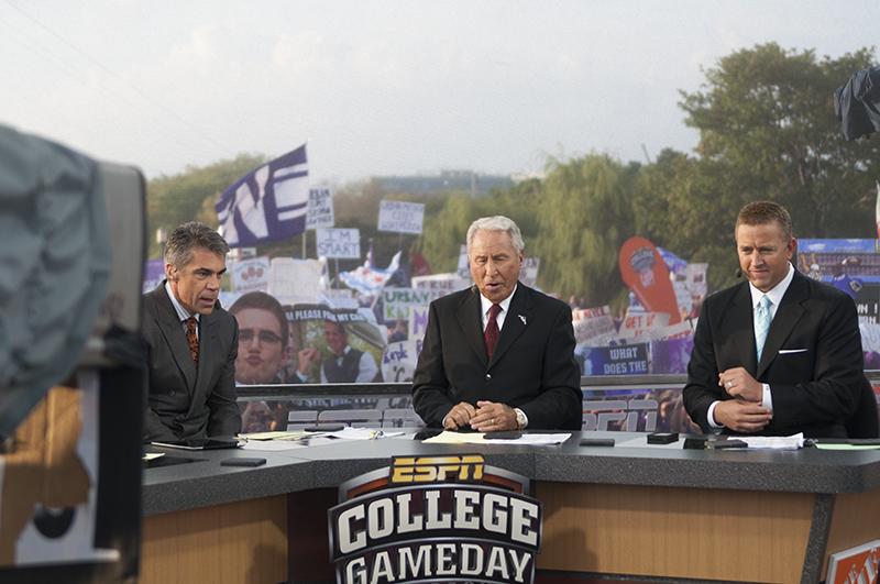Chris Fowler, Lee Corso and Kirk Herbstreit, the hosts of “College GameDay,” are on set. A large crowd of Northwestern fans attended the live broadcast Saturday morning.
