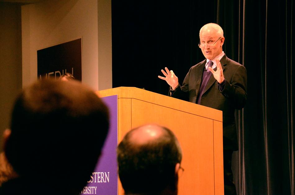 University President Morton Schapiro answers audience questions after his “Conversations with President Schapiro” talk in the McCormick Tribune Center on Thursday morning. Schapiro will hold a similar event Wednesday at Northwestern’s Chicago campus.