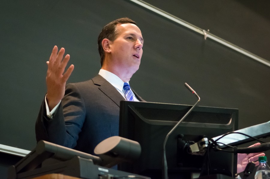 Former U.S. Sen. Rick Santorum speaks in Fisk Hall Wednesday night. Santorum, who ran for president in 2012, spoke on American foreign policy under the Bush and Obama administrations.