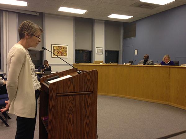 Norah Diedrich tells the Human Services Committee about the Evanston Art Center's moving requests. The subcommittee voted Monday to recommend to City Council that the art center's lease of the Harley Clarke Mansion should be extended.