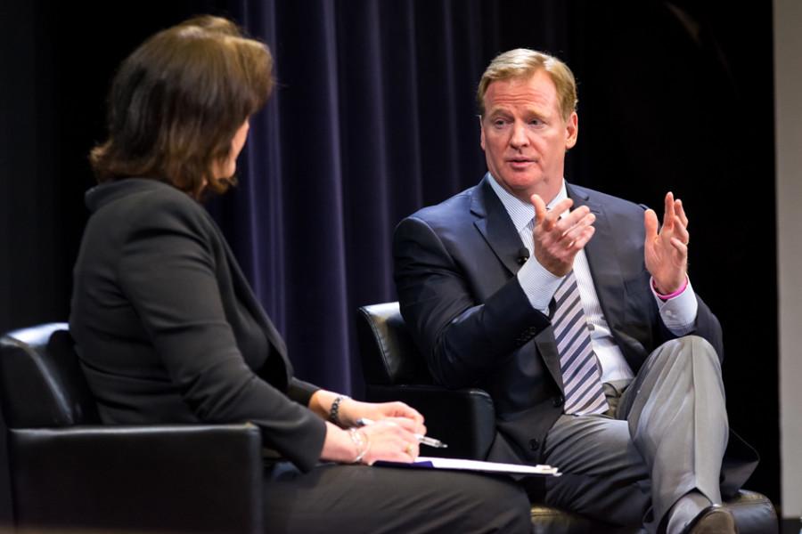 NFL Commissioner Roger Goodell answers a question from Medill alumna Christine Brennan at Northwestern on Wednesday evening. Goodell, who is in Chicago for the NFL draft, fielded questions from students on topics ranging from the NFL’s role in fighting sexual assault to plans to grow the game domestically and abroad.
