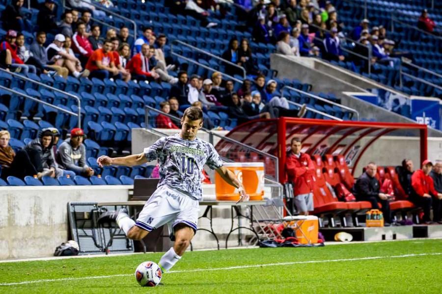 Senior forward Joey Calistri takes aim for a shot. Calistri’s goal against DePaul moved him into second place in NU’s all-time goals scored list. 