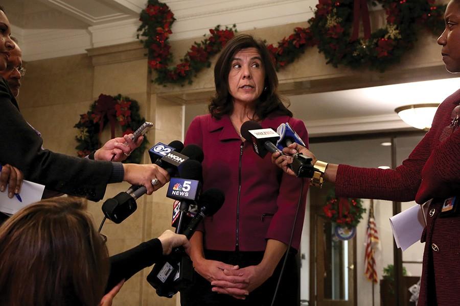 Cook County State's Attorney Anita Alvarez takes questions about recent allegations after protesters stormed the George Dunne Cook County building at 69 W. Washington on Dec. 3, 2015 in Chicago.