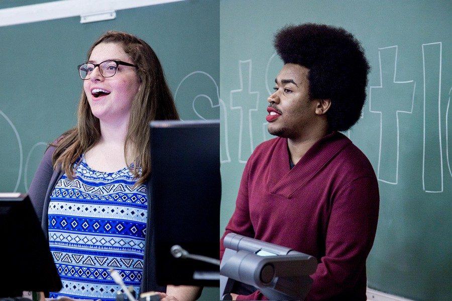 SESP junior Christina Cilento (left) and McCormick junior Macs Vinson speak to students during a campaign event.