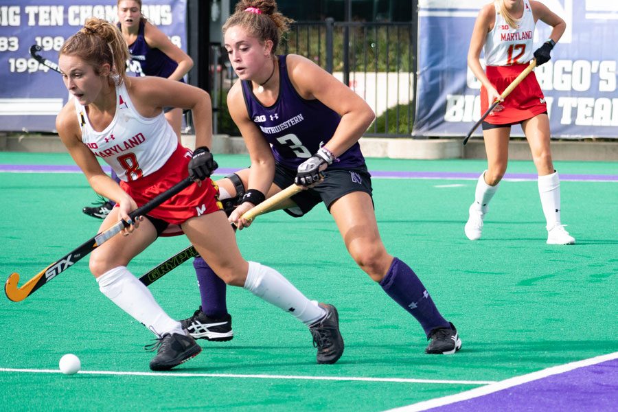 Freshman forward Bente Baekers, attempts a steal in a matchup against Maryland. Baekers, who recorded 2 goals against Rutgers, and is third in the nation in scoring with 19.