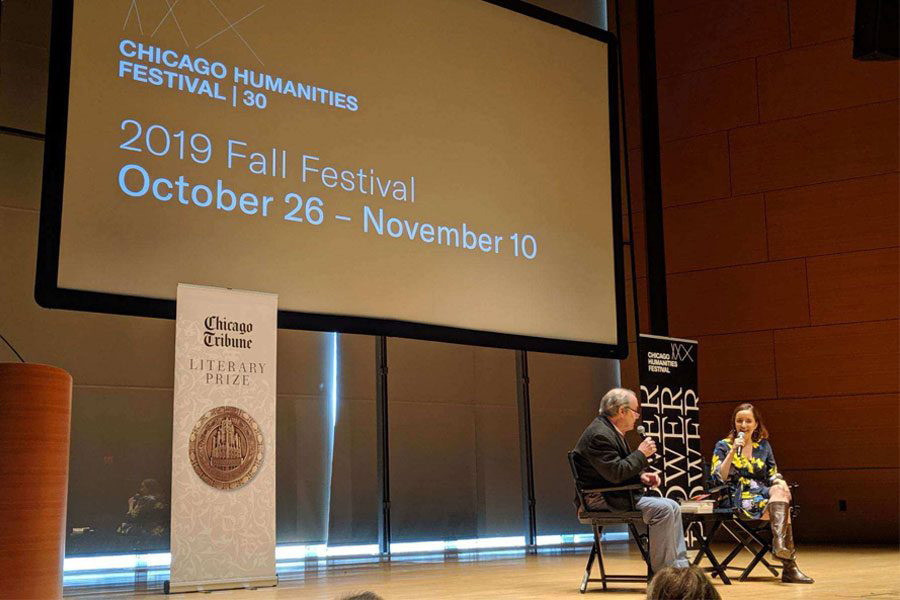 Rebecca Makkai speaking with Rick Kogan after she was awarded the 2019 Chicago Tribune Heartland Prize for Fiction.