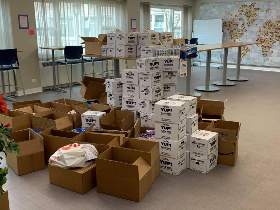 Collection boxes set up in Allison Hall. Campus Kitchen donated six car-loads of food to Chicagoland nonprofits.