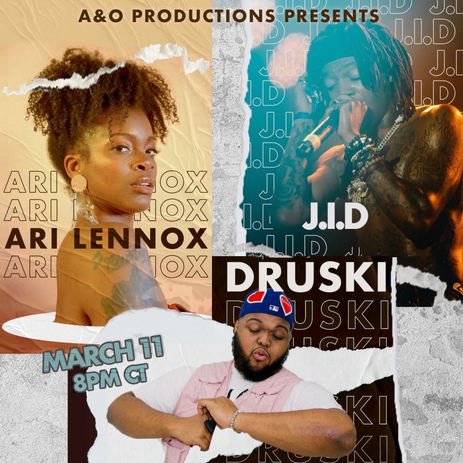 (Left to right) Ari Lennox, posing in a photoshoot. Druski posed with a funny gesture toward the camera. Up close of J.I.D. singing while at a concert. Text reads: “A&O Productions presents Ari Lennox, J.I.D., Druski March 11 8 pm CT.”