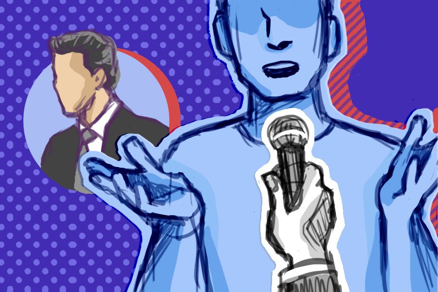 An undetailed person talking into a microphone being held in their face. In the background, bespeckled with blue dots and red accents, there is a sketch in the likeness of Mayor-elect Daniel Biss.