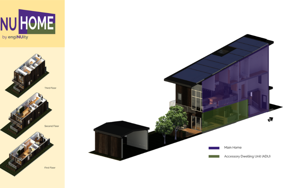 A 3D blueprint of a house sits on the right. On the left is a yellow column that shows cross sections of the house.
