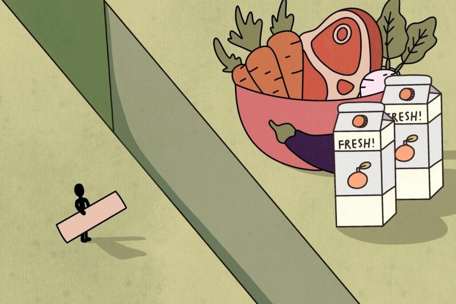 A large pink bowl filled with carrots, meat and greens and two cartons of orange juice. A black stick figure carrying a light pink rectangle. A rectangular barrier between the bowl and the stick figure.