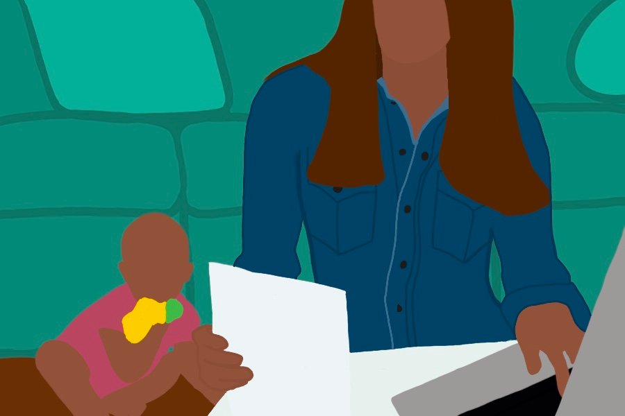 Illustration of women in a blue shirt working at a desk. There is a laptop open in front of her, and she is holding papers, while a baby sits to her left.