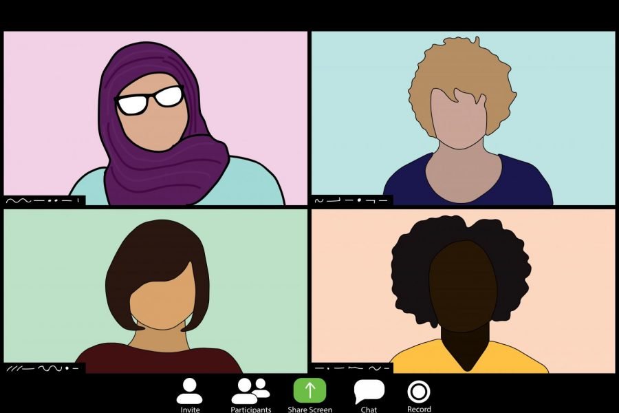 An illustration of a zoom screen with four people. The top left has a woman in a light blue shirt with a purple hijab and glasses, the top right has a man in an indigo shirt, the bottom right has a woman in a yellow shirt and the bottom left has a woman in a maroon shirt.