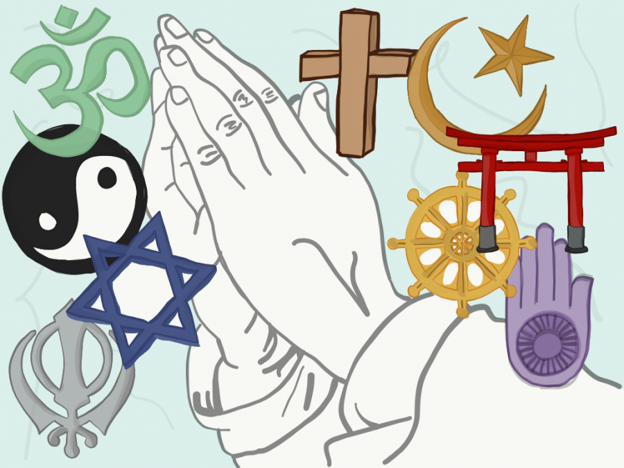 A pair of praying hands with various religious iconographies surrounding them.