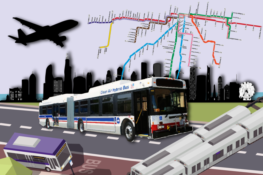 Layers of public transit, such as a bus, a train and a plane against a purple background
