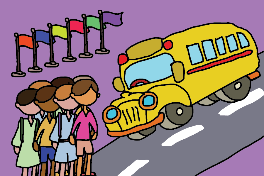 A yellow school bus on a road is on the right side of the image, seven students stand in the lower left corner, and six colorful flags stand in the upper left corner — all over a purple background.