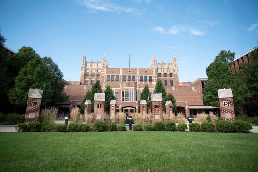 An exterior view of Evanston Township High School.