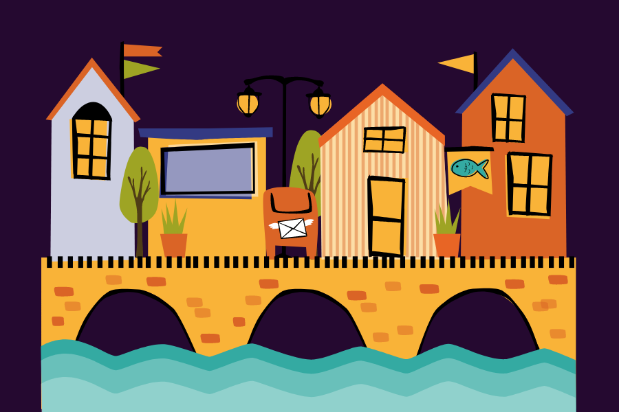 A row of houses sits on top of a bridge. Underneath is water.