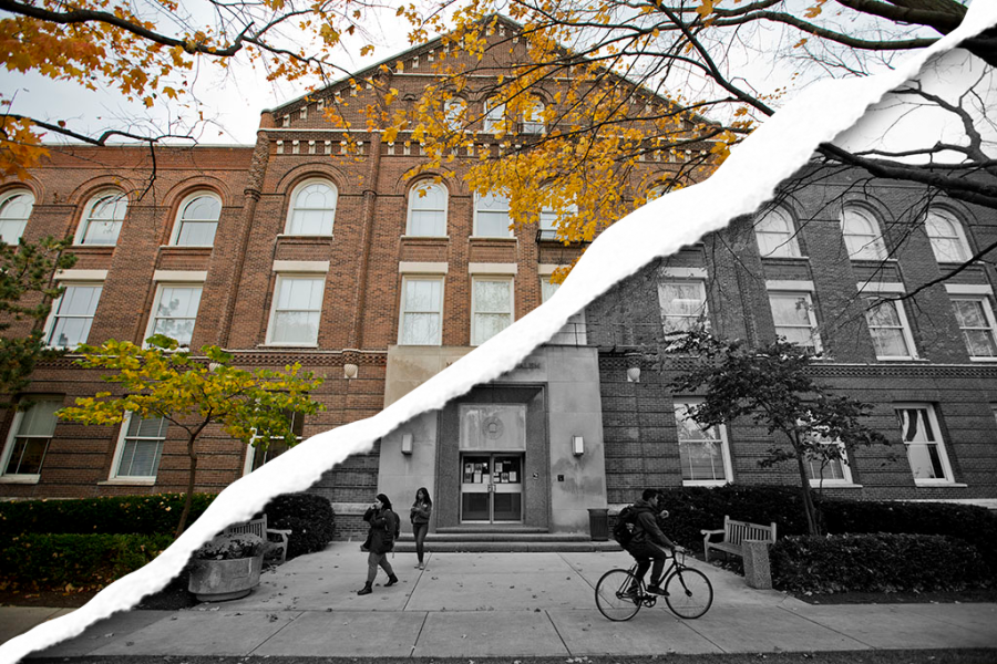 A picture of Fisk Hall with a tear through the middle.