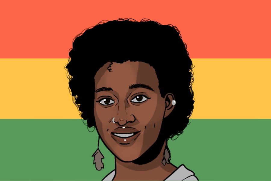 Image of Ayanna Legros’ face against the Haitian flag.