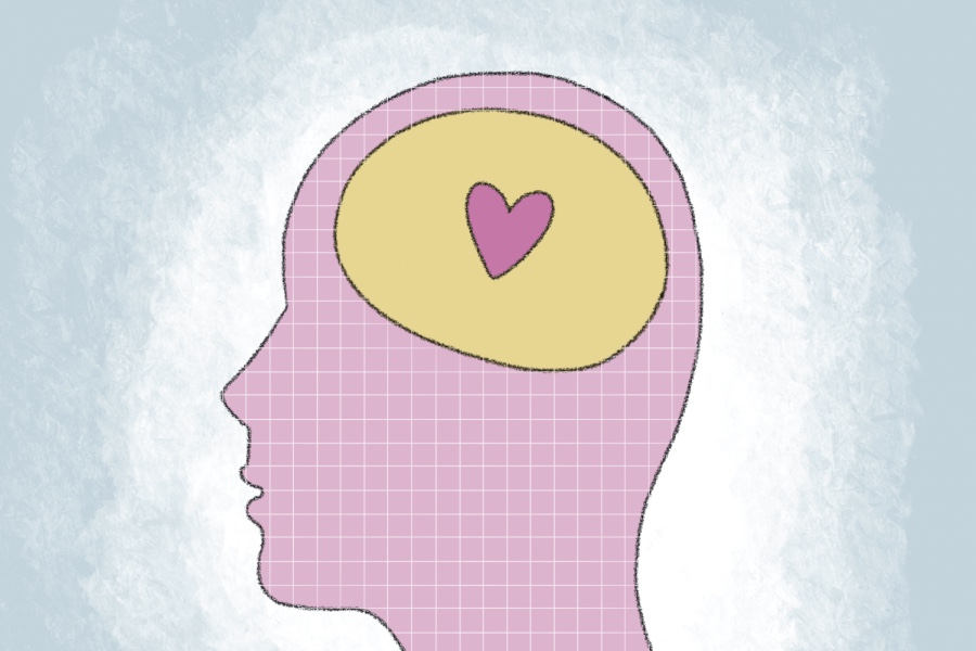 A silhouette of a pink head with a yellow brain and a pink heart on a blue background.