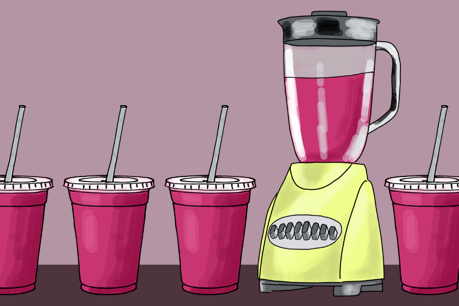 An illustration of a blender with four plastic cups of a pink smoothie.