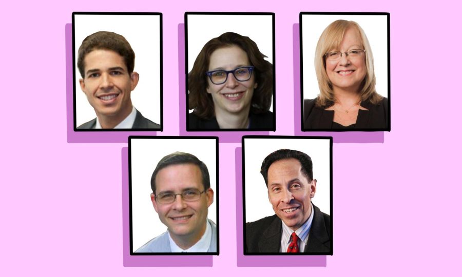 Photos of panelists set in black frames against a pink backdrop.