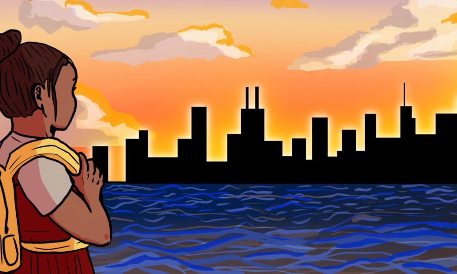 An illustration of a person looking across the water at Chicago's skyline.