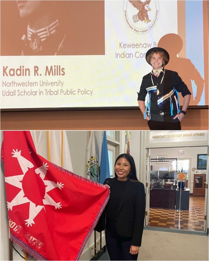 Top photo of one person in a button-up black shirt in front of a presentation screen smiling at the camera. Bottom photo of a person in all black professional clothes holding up a red tribal flag and smiling at the camera.