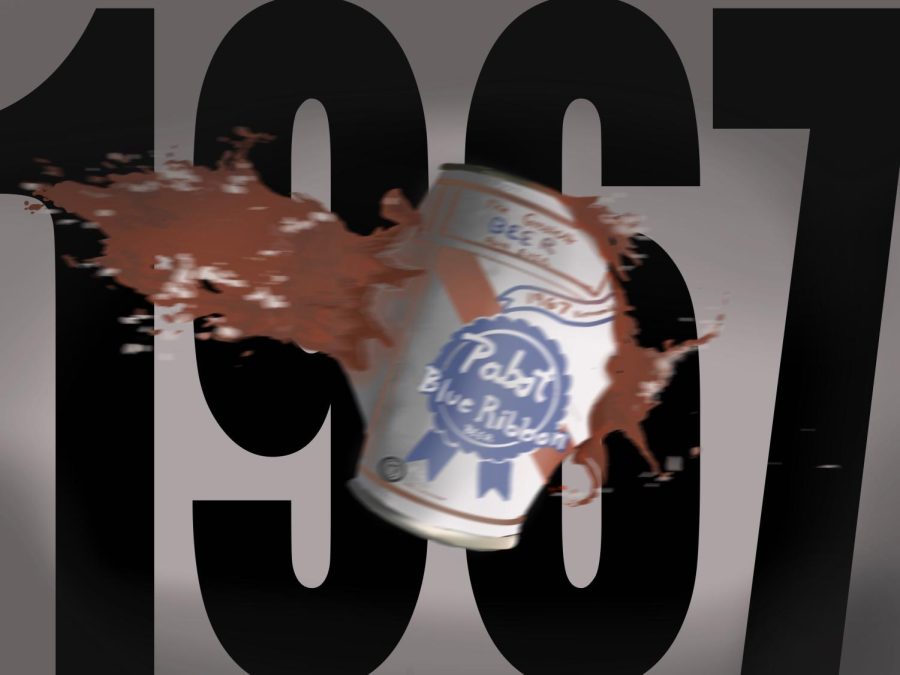 A beer can with liquid coming out of it in front of a gray background with big numbers reading "1967."