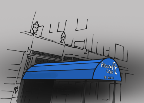 The blue awning of the Albany Care building displays the facility's logo. The rest of the building appears as a sketch upon a gray background.
