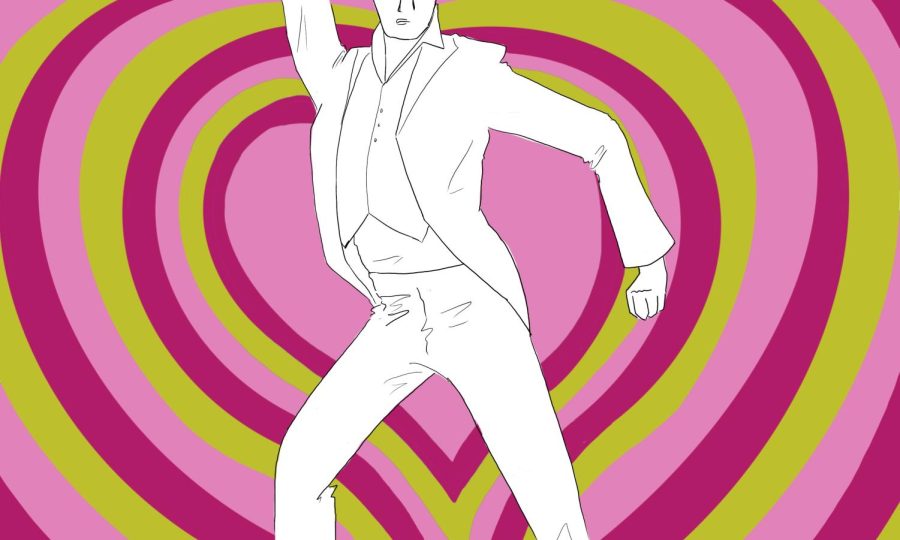A person boogies in front of a wave of pink and yellow hearts.