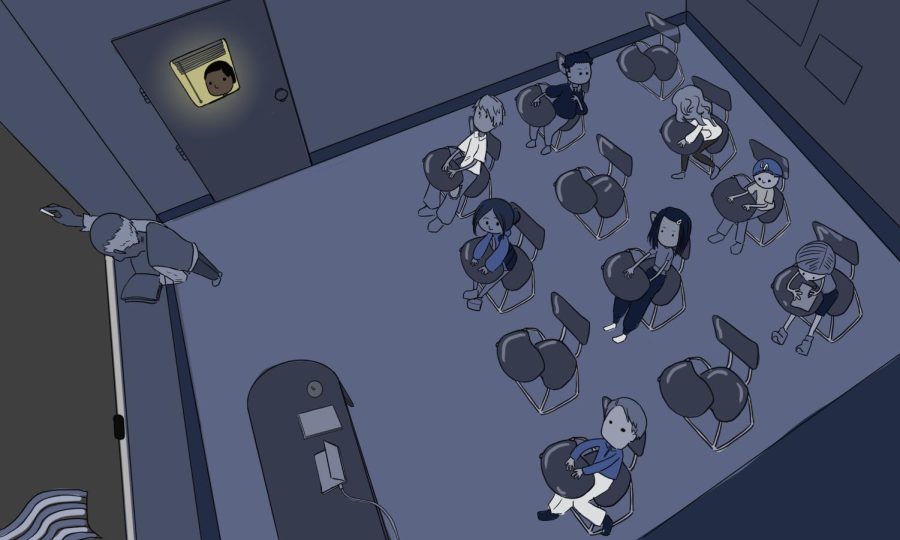 Some students are sitting in a dimly lit classroom with one student looking in through the window.