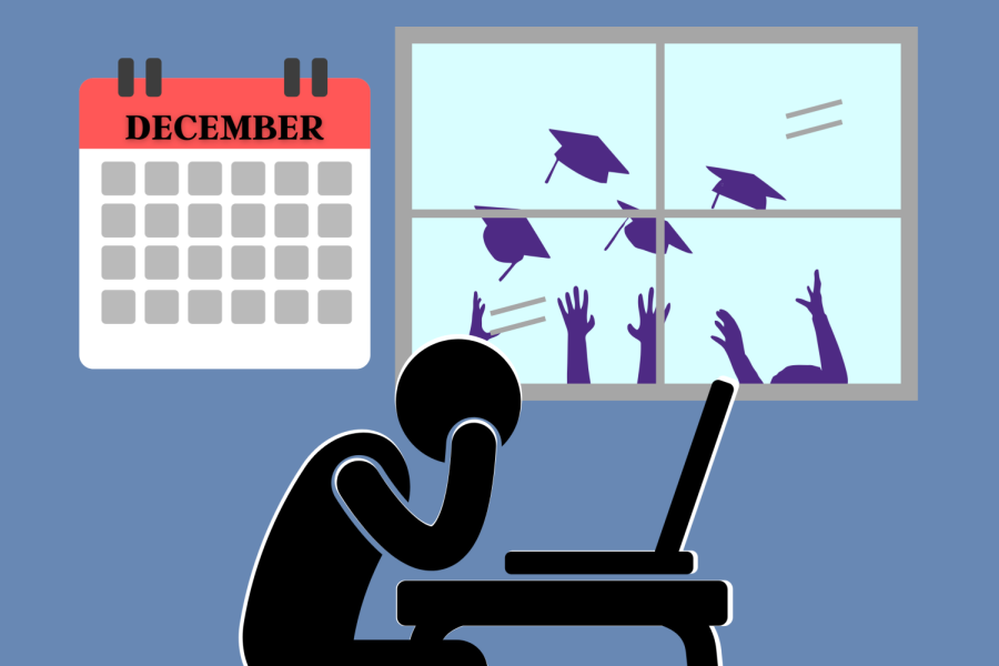 Illustration of person sitting inside while others graduate outside.