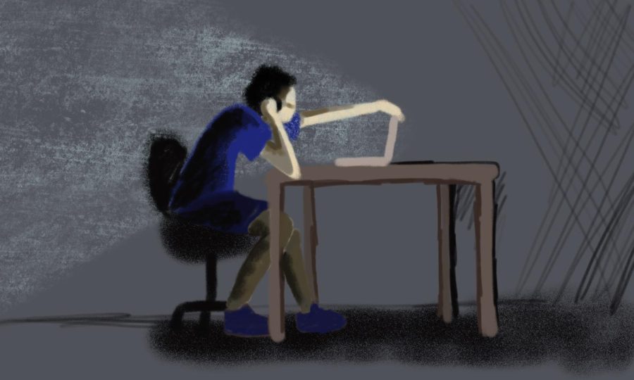 A gray background with a person sitting hunched over a desk, looking at a computer screen.