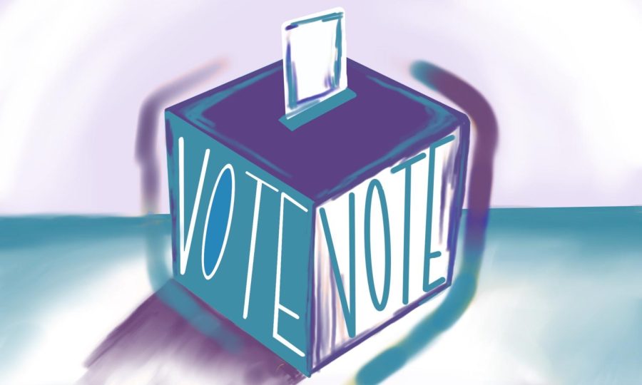 A box with a ballot sticking out that says "VOTE" on each side, in turquoise and purple.