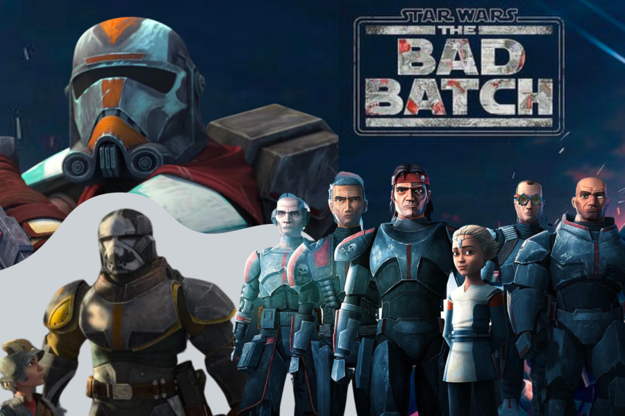 The Bad Batch stands together in front of a setting sun with the show’s logo visible in the background.