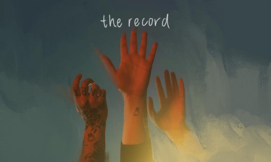 Three hands reach up towards the sky.
