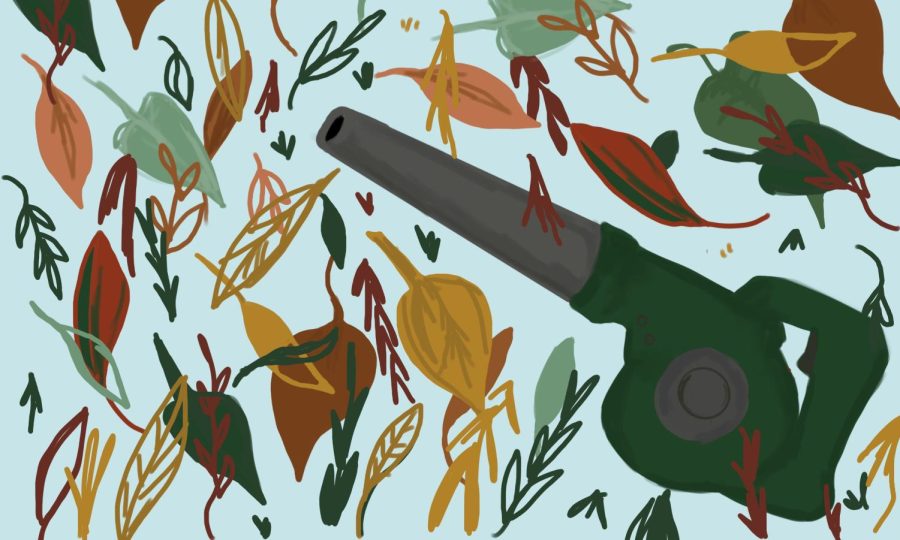 A green leaf blower scatters leaves across a light blue background.