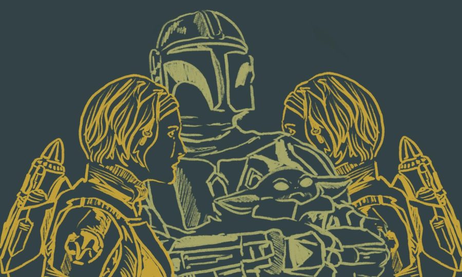Outlines of Din Dijarin, Bo-Katan and Grogu stand in front of a dark green background.