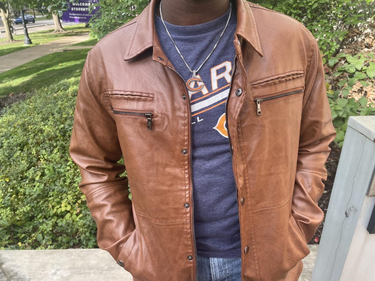 A close-up of Medill freshman Caleb Evans’ outfit.