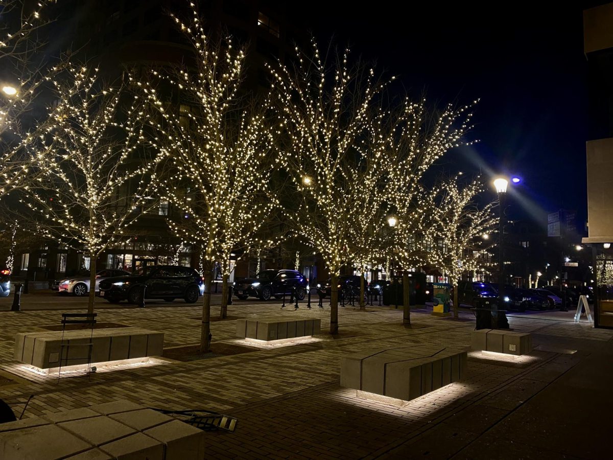 A storefront with a decorated tree, and an open sign.