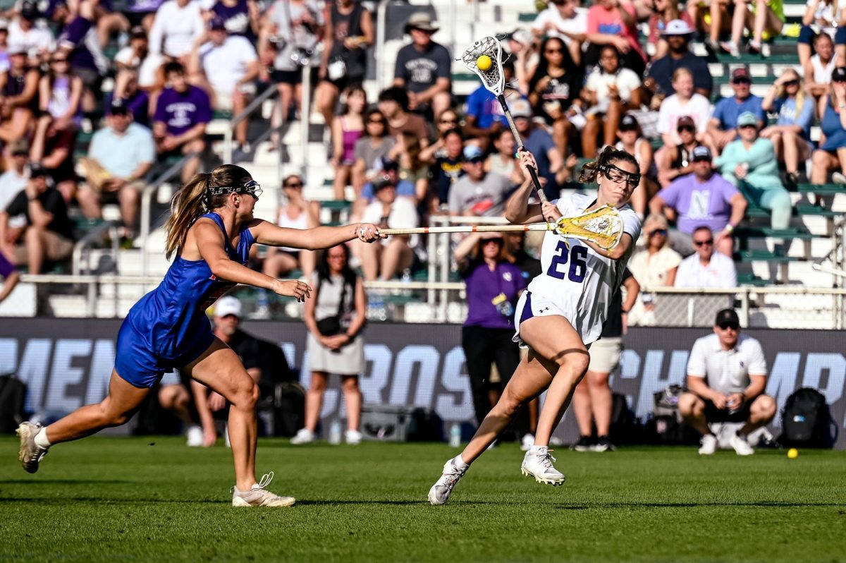 Graduate student midfielder Lindsey Frank looks to bury a shot against Florida in Friday’s Final Four victory. Frank has scored seven goals in her past two games.