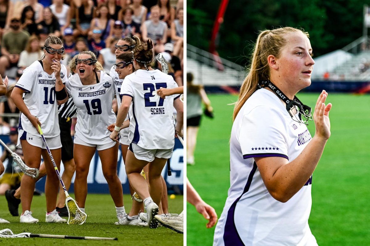 Left: Samantha Smith celebrates after scoring a goal against Florida Friday.
Right: Madison Smith in the postgame handshake line following Northwestern's win over Florida Friday.