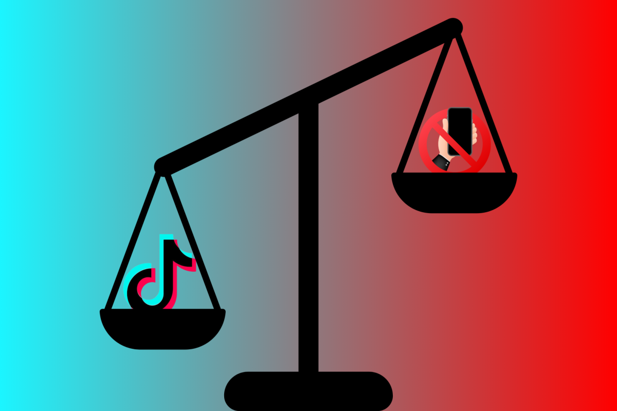 A scale weighs the TikTok app symbol and a cell phone in a hand with a red “no” symbol.