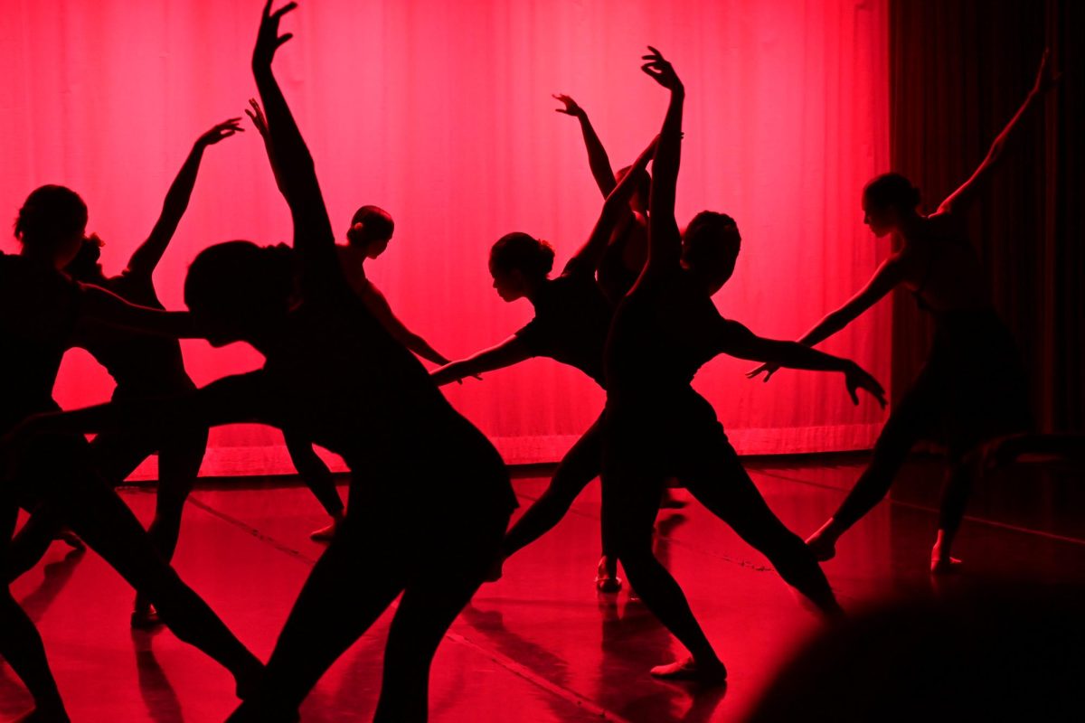 Many dancers' backlit silhouettes contrast against a red-lit backdrop.