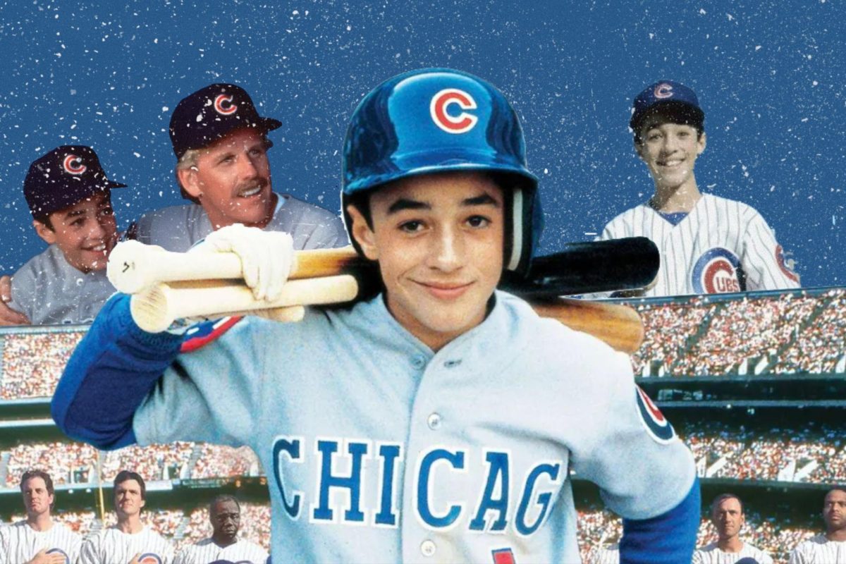 A boy in a Cubs uniform holds a bat while multiple other photos of him and another man look on from the background.