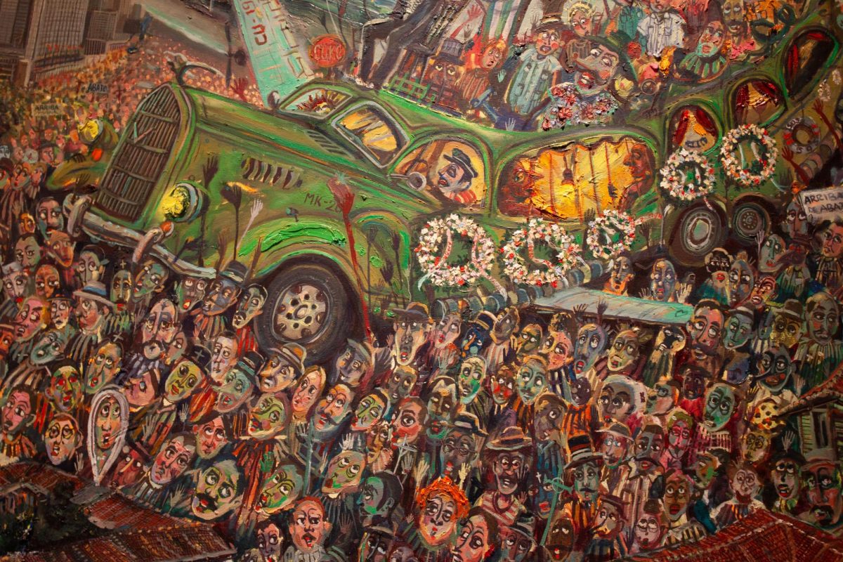 A close-up of a painting of a long green bus in the middle of a crowded city full of people. 