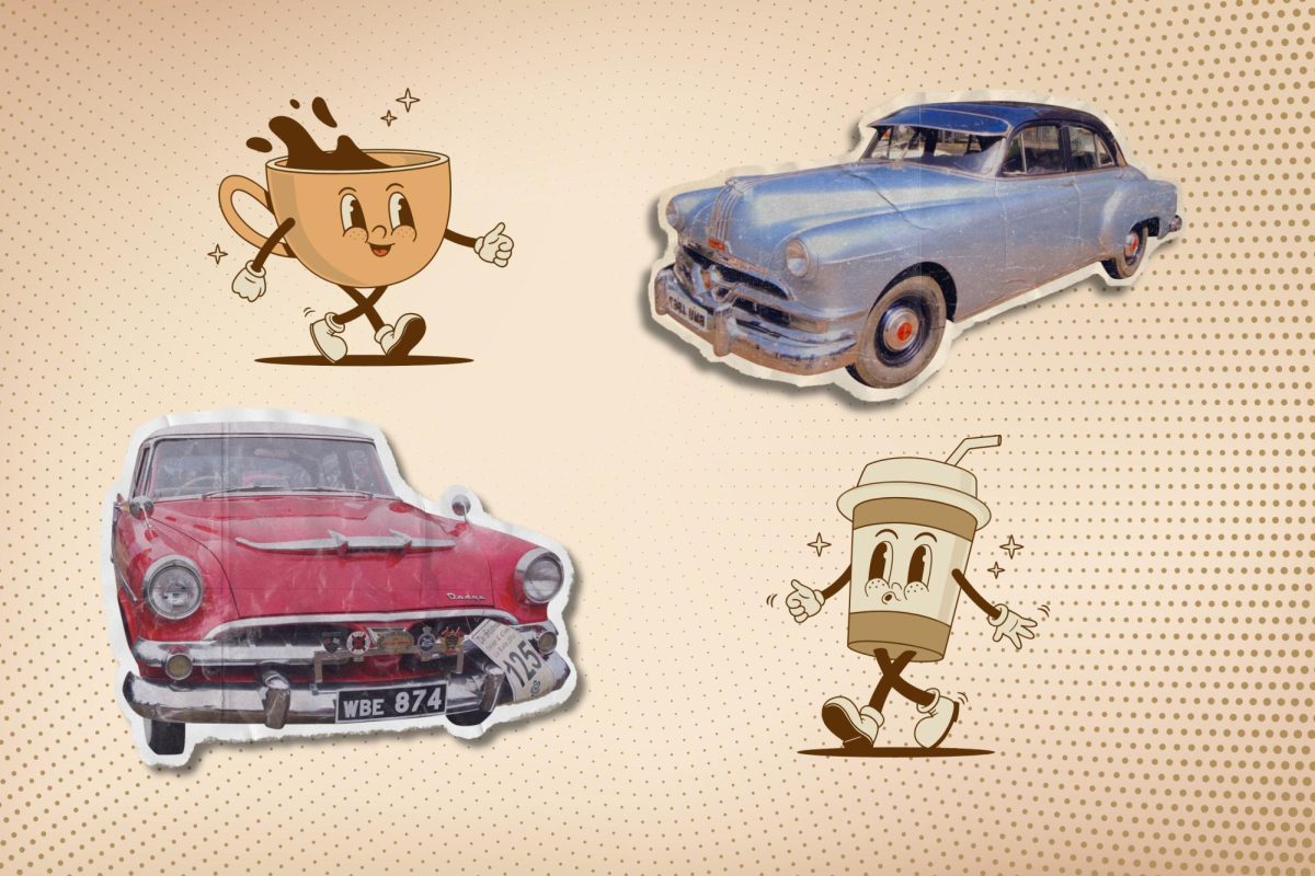 Two walking coffee cups pose joyfully next to two vintage cars